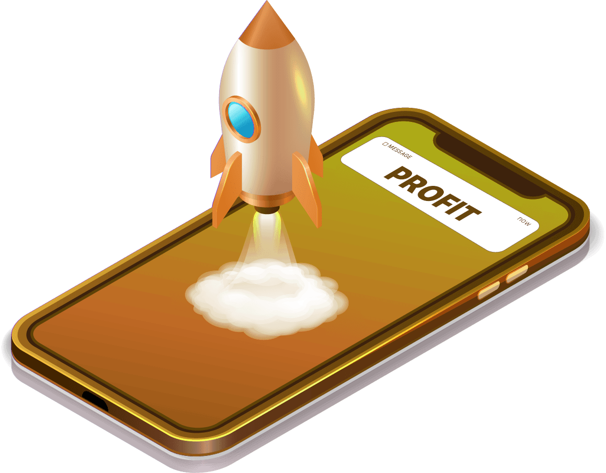 Rocket launching from a smartphone displaying the word Profit