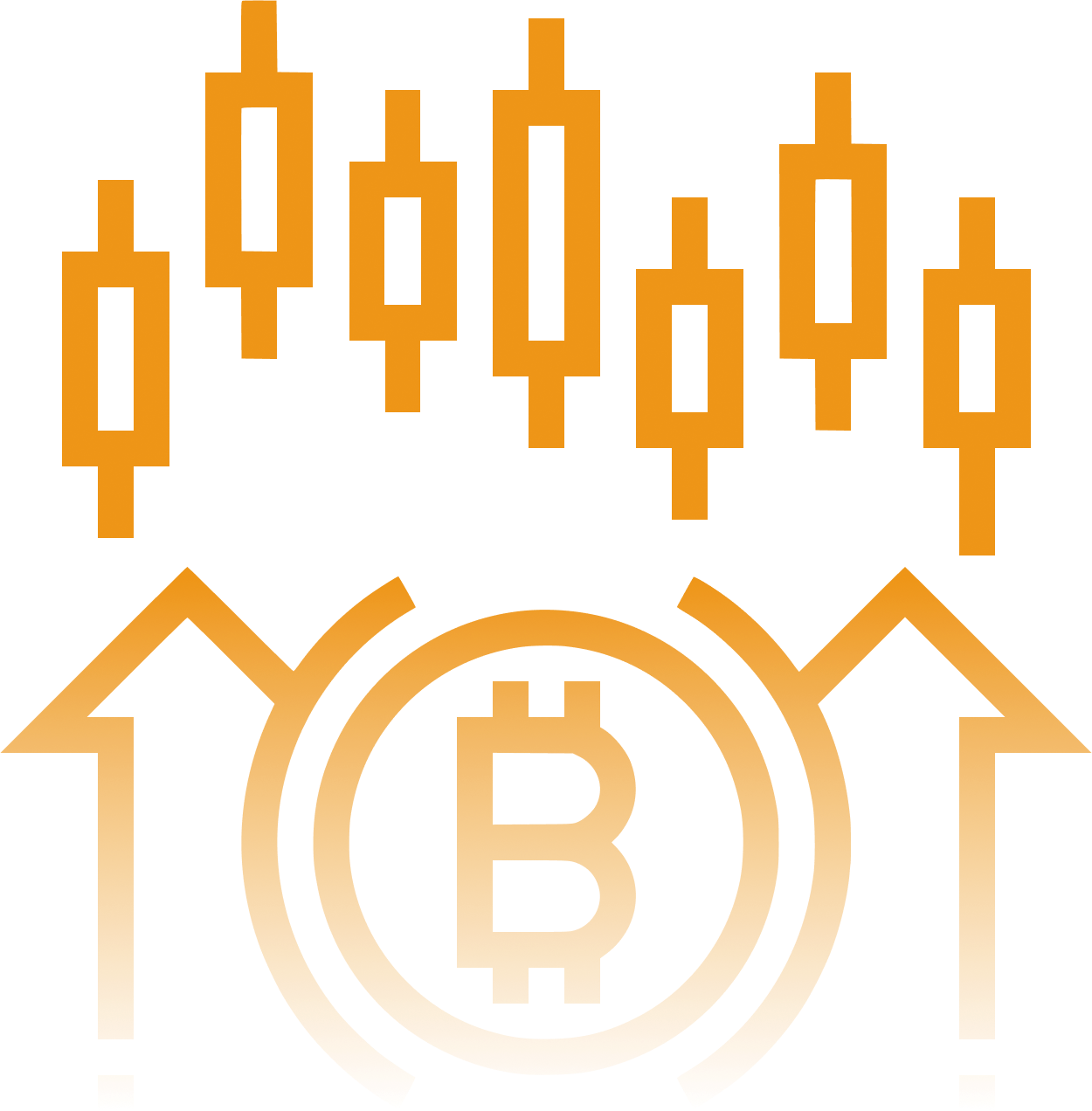Illustration of Bitcoin candlestick charts and rising market arrows