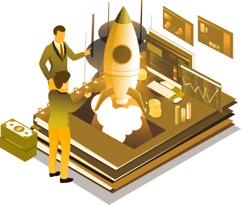 Illustration of investors reviewing market charts beside a rocket